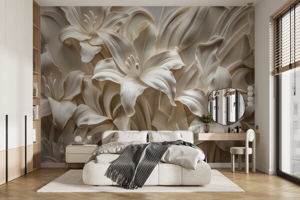 Tapet Relief elegant bej 3d de crini sculptati, Fototapet 3D, Fototapet 3D Flori, w01433 : Uwalls.ro