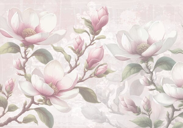 Tapet Delicate flori roz magnolia în plină floare pe un fundal blând, neclar, Fototapet Flori, w08216 : Uwalls.ro