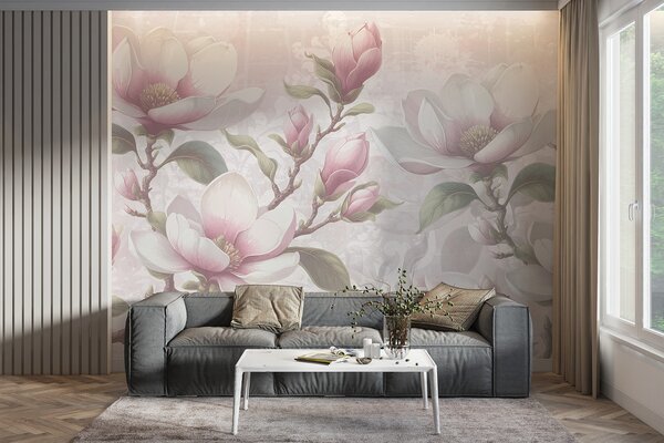 Tapet Delicate flori roz magnolia în plină floare pe un fundal blând, neclar, Fototapet Flori, w08216 : Uwalls.ro