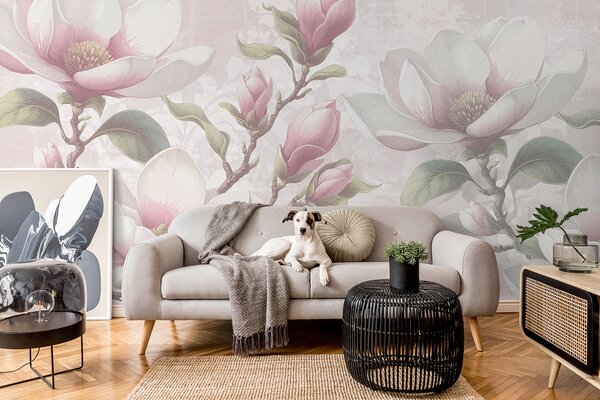Tapet Delicate flori roz magnolia în plină floare pe un fundal blând, neclar, Fototapet Flori, w08216 : Uwalls.ro