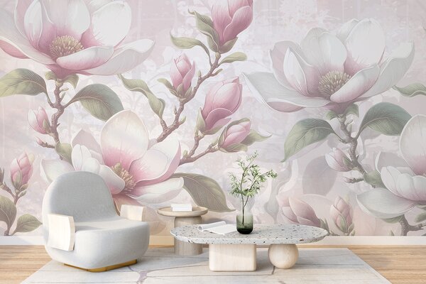 Tapet Delicate flori roz magnolia în plină floare pe un fundal blând, neclar, Fototapet Flori, w08216 : Uwalls.ro