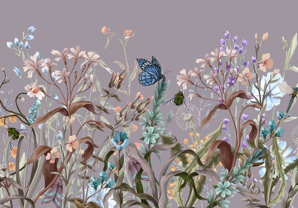 Tapet O ilustrație violetă colorată a unei scene luxuriante de grădină cu flori și, Fototapet Animale, Fototapet Fluturi, w08234v1 : Uwalls.ro