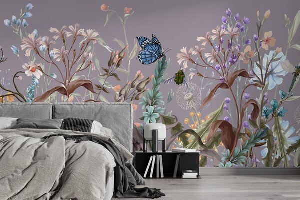 Tapet O ilustrație violetă colorată a unei scene luxuriante de grădină cu flori și, Fototapet Animale, Fototapet Fluturi, w08234v1 : Uwalls.ro
