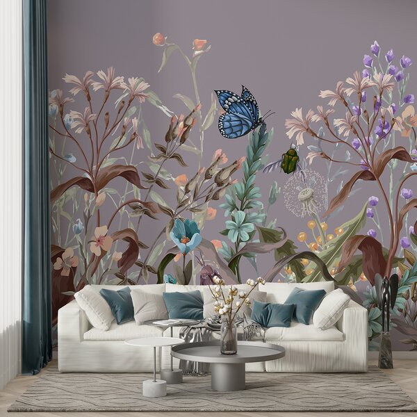 Tapet O ilustrație violetă colorată a unei scene luxuriante de grădină cu flori și, Fototapet Animale, Fototapet Fluturi, w08234v1 : Uwalls.ro