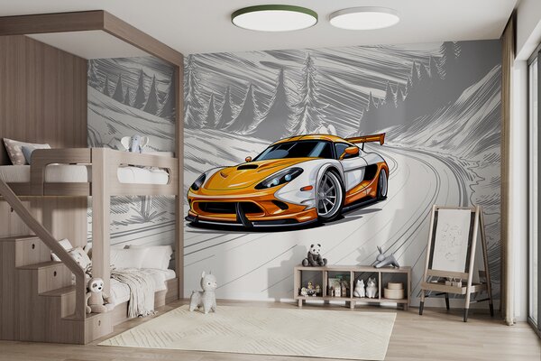 Tapet O mașină sport portocalie pe un fundal gri de drum schițat printre munți și brazi. Pentru a decora, Fototapet Transport, w00954 : Uwalls.ro