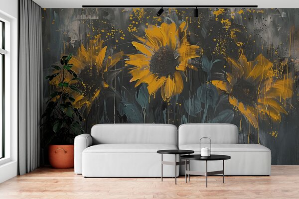 Tapet Pictură abstractă de floarea soarelui, un fundal gri închis și tonuri de galben, Fototapet Flori, Fototapet Flori Mari, w01480 : Uwalls.ro