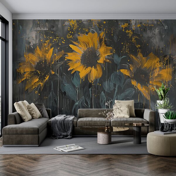 Tapet Pictură abstractă de floarea soarelui, un fundal gri închis și tonuri de galben, Fototapet Flori, Fototapet Flori Mari, w01480 : Uwalls.ro