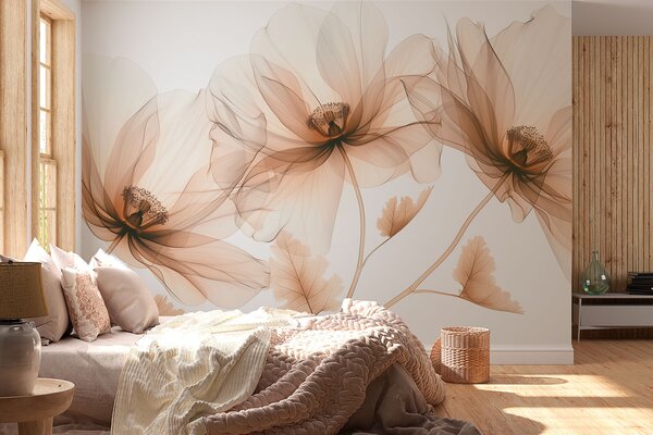 Tapet Floare transparentă delicată în stil cu raze X pe fundal alb Design botanic monocrom, Fototapet Flori, Fototapet Flori Mari, w01482 : Uwalls.ro