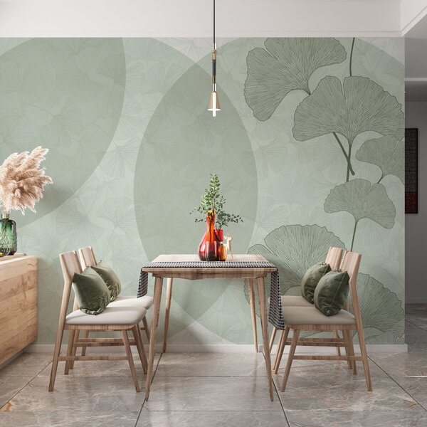 Tapet Frunze mari de ginkgo și geometrie de culoare verde, Fototapet 3D, Fototapet 3D Frunze, w01465v2 : Uwalls.ro