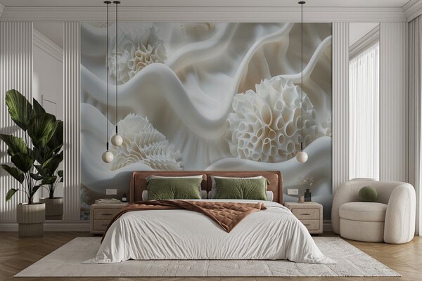 Tapet Fundal abstract ondulat de forme albe în stil 3D, Fototapet 3D, Fototapet 3D Flori, w01475 : Uwalls.ro