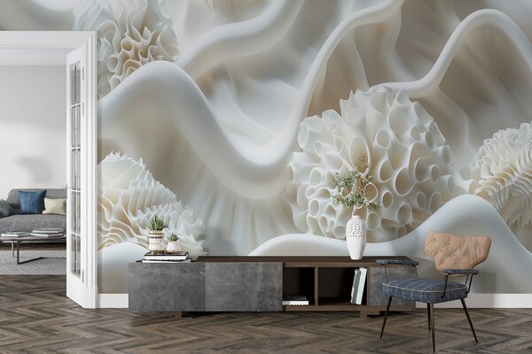 Tapet Fundal abstract ondulat de forme albe în stil 3D, Fototapet 3D, Fototapet 3D Flori, w01475 : Uwalls.ro