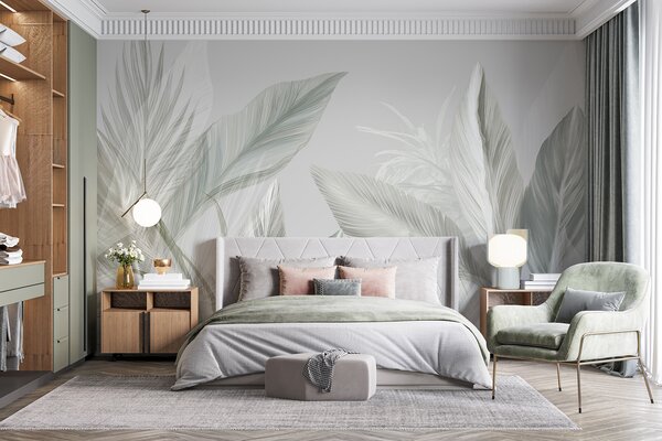 Tapet Pene moi albe, verzi și gri și frunze tropicale care plutesc pe un fundal deschis, Fototapet Natură, w08241 : Uwalls.ro