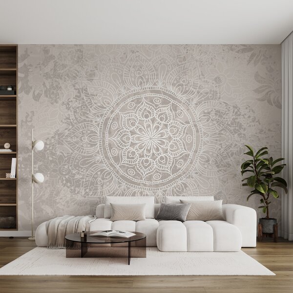 Tapet Un model de mandala alb detaliat pe un fundal vintage cu textura gri deschis, Fototapet în stil oriental, w08246 : Uwalls.ro