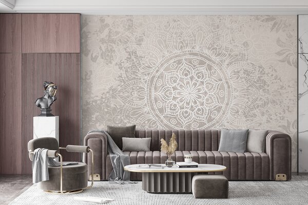Tapet Un model de mandala alb detaliat pe un fundal vintage cu textura gri deschis, Fototapet în stil oriental, w08246 : Uwalls.ro