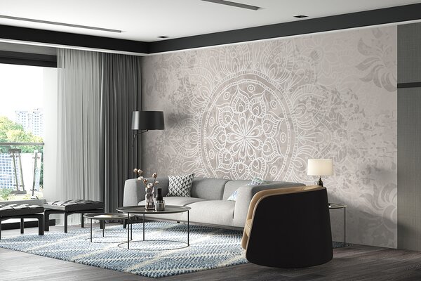 Tapet Un model de mandala alb detaliat pe un fundal vintage cu textura gri deschis, Fototapet în stil oriental, w08246 : Uwalls.ro