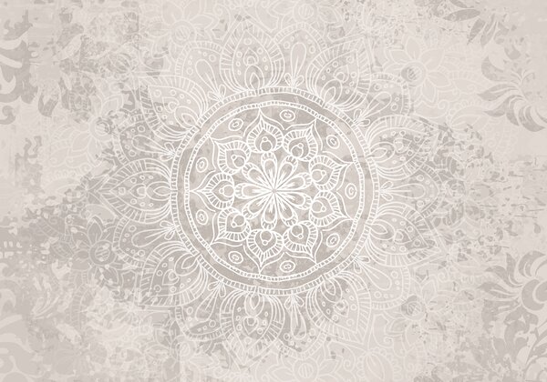 Tapet Un model de mandala alb detaliat pe un fundal vintage cu textura gri deschis, Fototapet în stil oriental, w08246 : Uwalls.ro