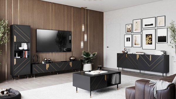 Camera de zi Charlotte P106De aur, Negru, Cu comodă tv, Cu componente suplimentare, Părți separate, PAL laminat, Sticlă călită, MDF