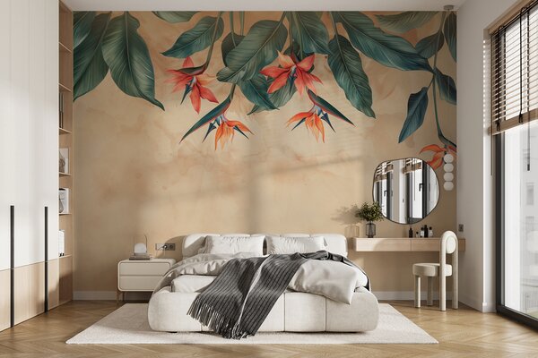 Tapet Înflorire tropicală pe fundal bej acuarelă, Fototapet Natură, w01485 : Uwalls.ro