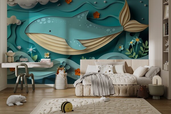 Tapet Balenă jucăușă în nori în stil tăiat pe hârtie, efect 3D, Fototapet Marea, w01496 : Uwalls.ro