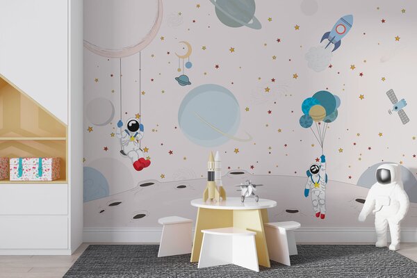 Fototapet Desen animat cu astronauți pe Lună, Fototapet spațiu cosmic, Fototapet populare, w01489 - Tapeko.ro