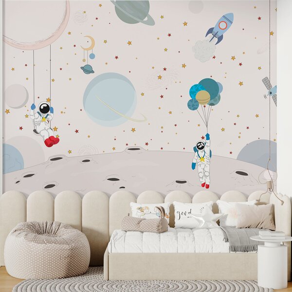 Tapet Design spațial cu astronauți, planete, rachete și stele, Fototapet Spaţiu, w01489 : Uwalls.ro