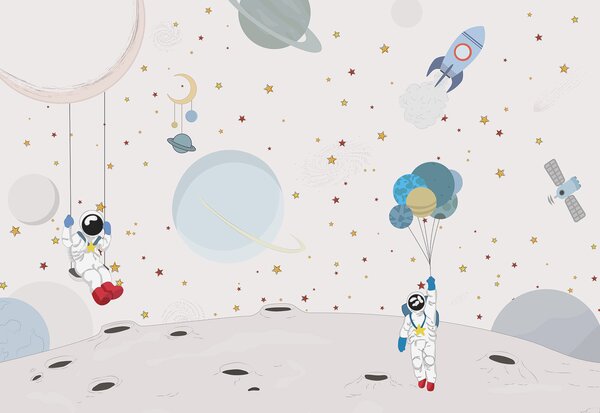 Tapet Design spațial cu astronauți, planete, rachete și stele, Fototapet Spaţiu, w01489 : Uwalls.ro