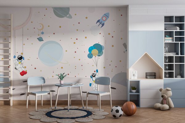 Tapet Design spațial cu astronauți, planete, rachete și stele, Fototapet Spaţiu, w01489 : Uwalls.ro