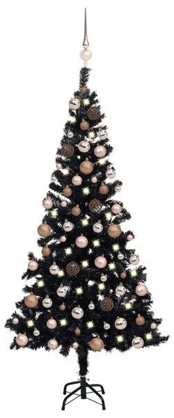 Brad Crăciun pre-iluminat cu set globuri, negru, 120 cm, PVC