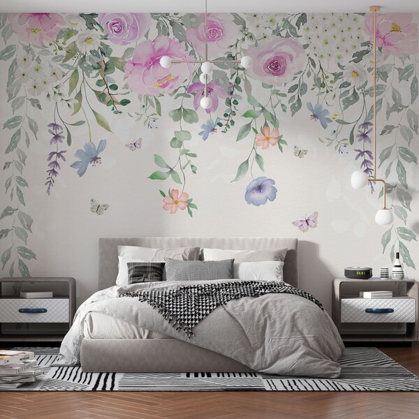 Tapet Agățat flori și fluturi, Fototapet Acuarelă, w01516 : Uwalls.ro