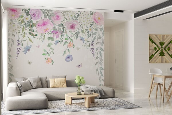 Tapet Agățat flori și fluturi, Fototapet Acuarelă, w01516 : Uwalls.ro