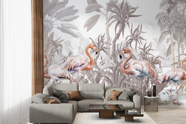 Fototapet Grup de flamingo într-o pădure, Fototapet animale, Fototapet populare, w08250 - Tapeko.ro