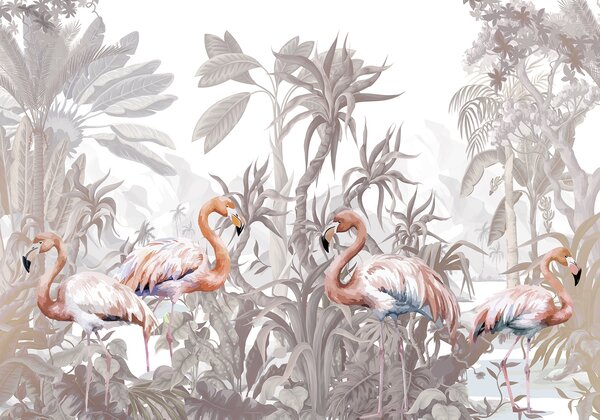 Fototapet Grup de flamingo într-o pădure, Fototapet animale, Fototapet populare, w08250 - Tapeko.ro