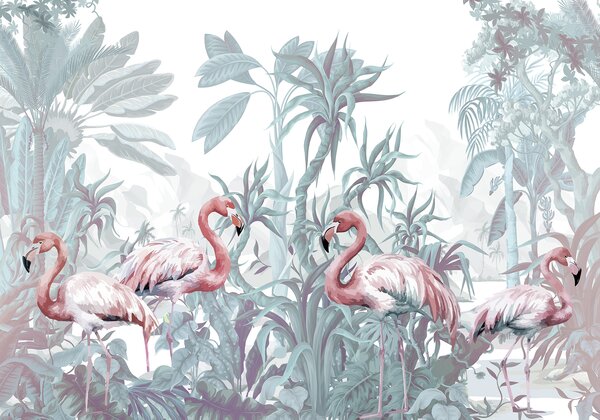 Fototapet Grup de flamingo într-o junglă, Fototapet animale, Fototapet populare, w08250v1 - Tapeko.ro