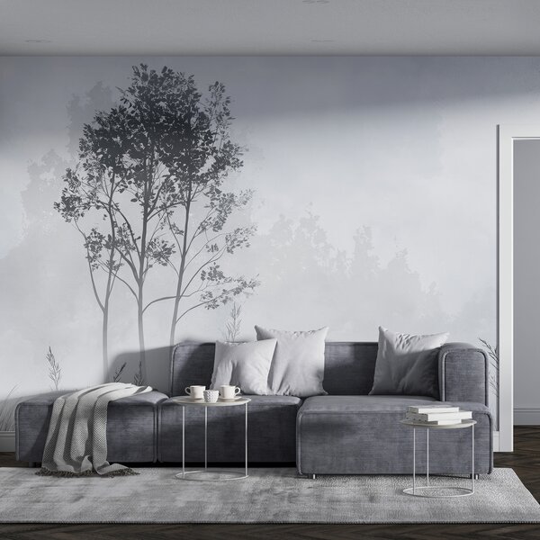 Tapet Pădure cețoasă, peisaje naturale, pajiște, copaci, culoare gri, Fototapet Natură, w01547v1 : Uwalls.ro