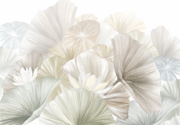 Tapet Frunze delicate de lotus verde cu flori albe cu petale moi, cu pene, aranjate într-o compoziție, Fototapet Acuarelă, w08265 : Uwalls.ro