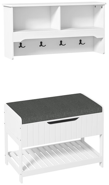 Cuier de Perete cu Banca Suport pentru Pantofi Dotata cu Cuburi de Perete, 4 Carlige si Raft Retractabil, 80x20x40 cm, Alb HOMCOM | Aosom RO