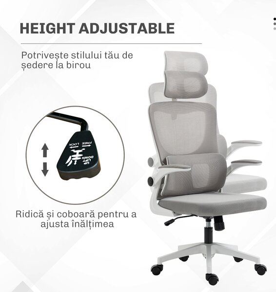 Vinsetto Scaun Ergonomic de Birou, Tetieră Reglabilă, Suport Lombar, 70x66x120-128 cm, Gri | Aosom Romania
