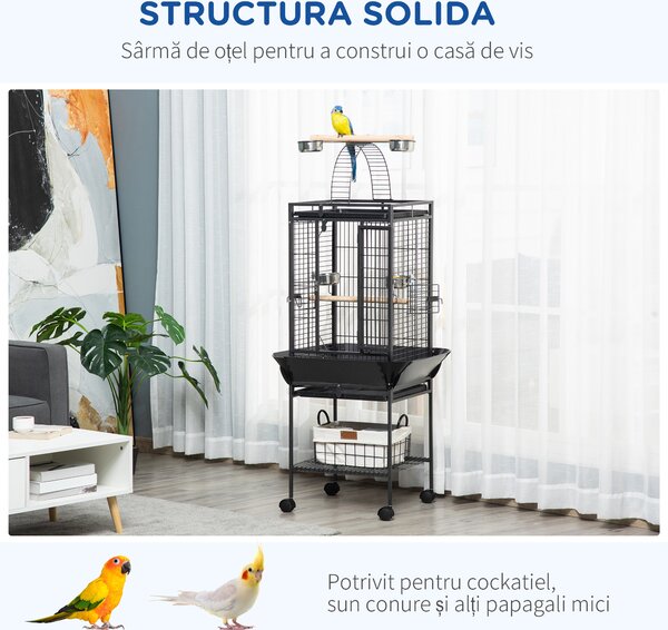 PawHut Colivie pentru Perusi cu 2 Stinghii de Lemn si Scara Acuita, Cusca pentru Pasari din Otel cu Intrari Multiple, 62.5x62.5x156 cm, Gri