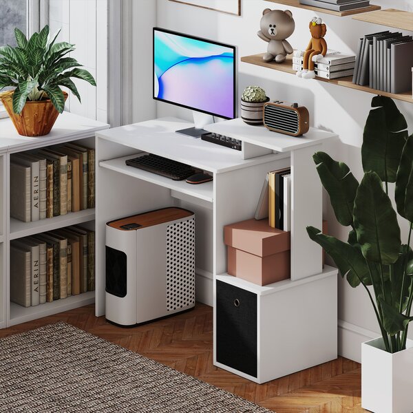 HOMCOM Birou modern pentru PC, birou pentru computer cu raft pentru tastatura, raft si spatiu de depozitare din material, 100x40x86.6cm, alb si negru