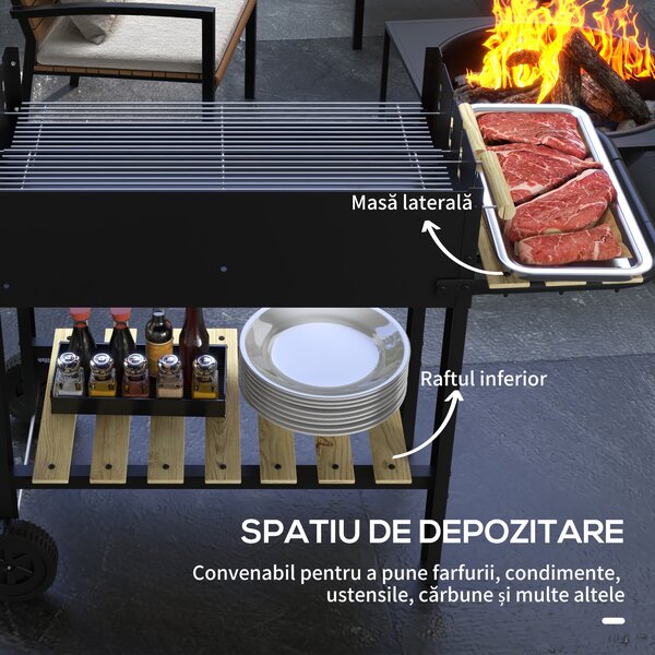Outsunny Gratar Barbecue Carucior cu Carbune cu Grilaj Dublu Reglabil, Masa Laterala, Raft de Depozitare si Roti, pentru Gatit in Aer Liber