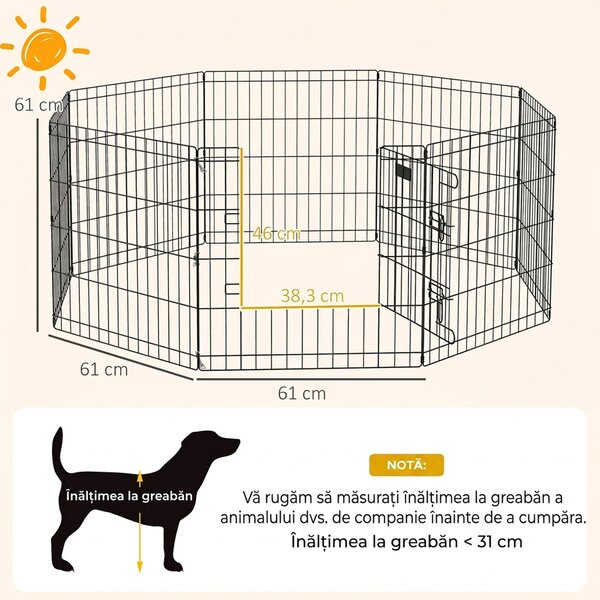 PawHut Gard Modular pentru Câini și Căței, Interior/Exterior, cu 8 Panouri din Plasă și Ușă, 61x61 cm, Negru | Aosom Romania