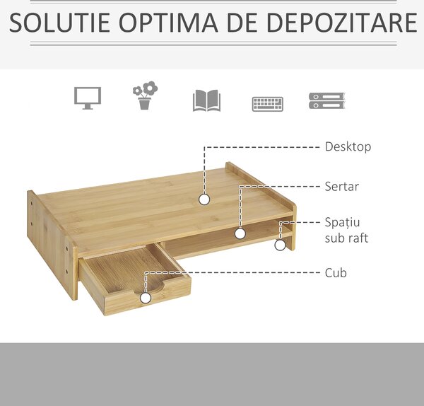 HOMCOM Suport pentru Monitor cu Spațiu pentru Mouse și Tastatură și Raft de Depozitare, 49x25,5x11,5 cm, Natural | Aosom Romania