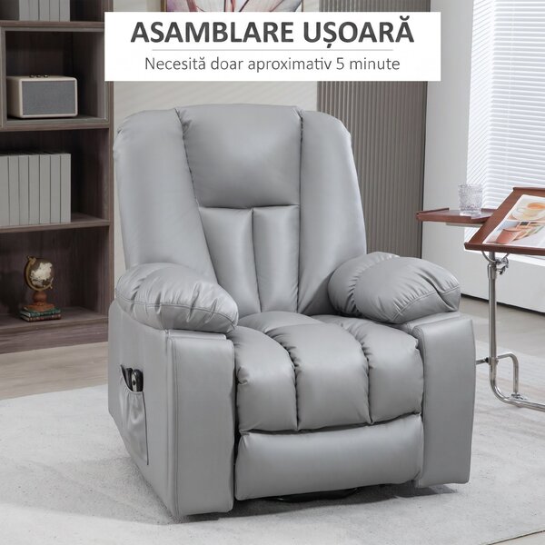 HOMCOM Scaun Electric Rabatabil cu 8 Puncte de Masaj și Telecomandă, Fotoliu Modern din Microfibră, 94x96x106 cm, Gri | Aosom Romania