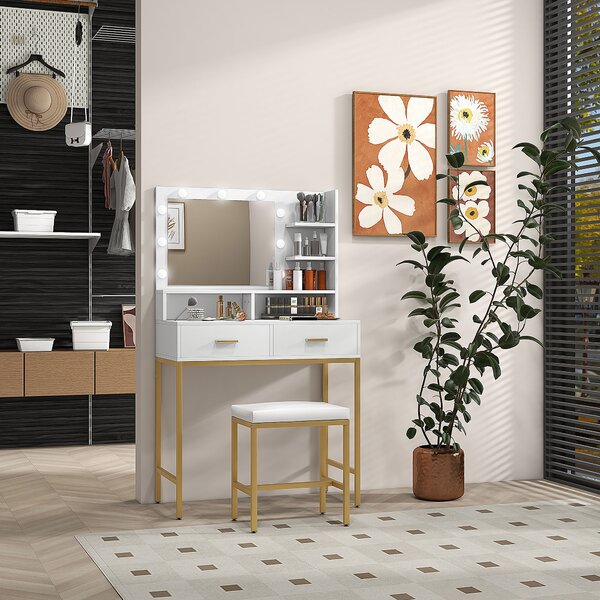 HOMCOM Masă de Machiaj cu Oglindă LED, Scaun și Rafturi, 80x40x138 cm, Alb | Aosom Romania