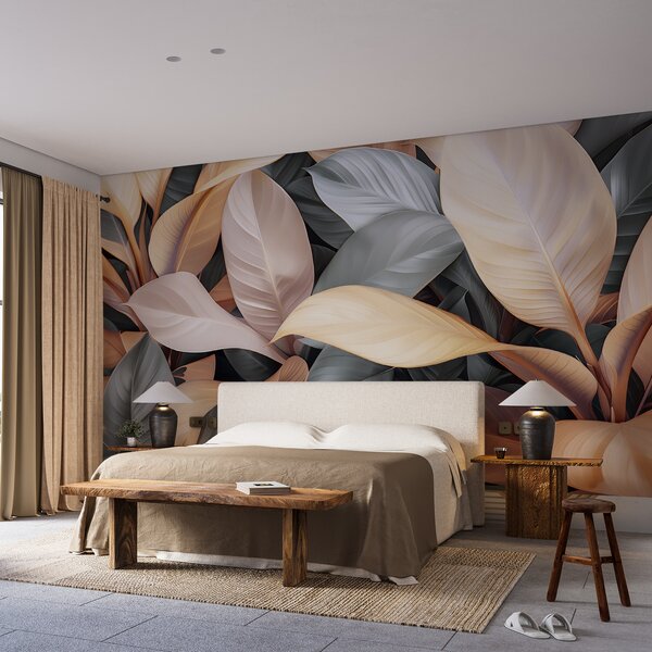 Tapet Frunze tropicale mari în culorile albastru și bej, Fototapet 3D, Fototapet 3D Frunze, w01587v2 : Uwalls.ro