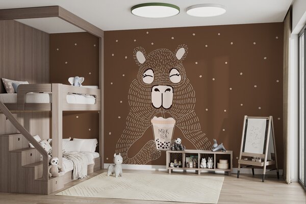 Fototapet Cartoon animal care deține o ceașcă de ceai cu lapte, Fototapet pisici, Fototapet populare, w01122v2 - Tapeko.ro