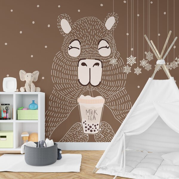 Fototapet Cartoon animal care deține o ceașcă de ceai cu lapte, Fototapet pisici, Fototapet populare, w01122v2 - Tapeko.ro