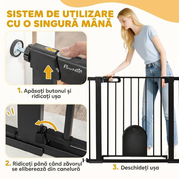 PawHut Barieră Reglabilă pentru Câini cu Ușă Mică, Montare prin Presiune și Închidere Automată, 75-103x76 cm, Negru | Aosom Romania