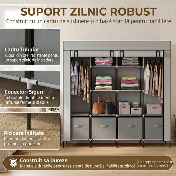 HOMCOM Dulap Portabil din Material Textil și Oțel, Garderobă cu 10 Rafturi, 4 Sertare și 2 Bare, 166x42,5x169,5 cm, Gri | Aosom Romania