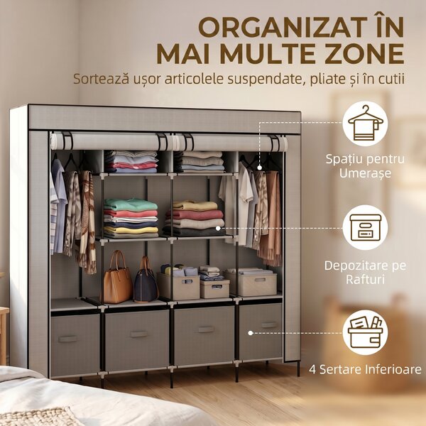 HOMCOM Dulap Portabil din Material Textil și Oțel, Garderobă cu 10 Rafturi, 4 Sertare și 2 Bare, 166x42,5x169,5 cm, Gri | Aosom Romania